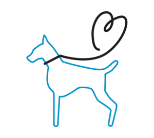 Icon für Anleinpflicht für Hunde mit der Zeichnung eines Hundes, dessen Leine ein Herz in der Luft bildet