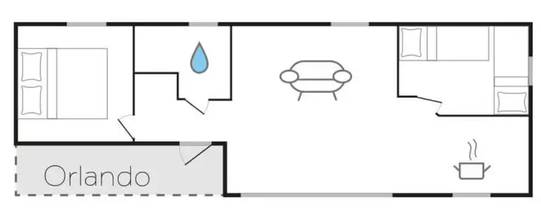 Süsel Chalet Grundriss Orlando mit Schlafzimmer, rechts davon das Bad, rechts davon Wohnzimmer mit offener Küche, darüber rechts ein zweites Schlafzimmer