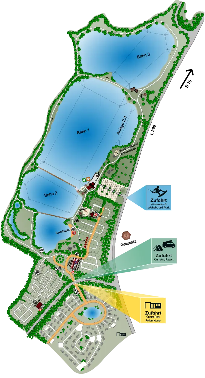 Lageplan der gesamten Süsel Seeparx Anlage mit Ferienhauspark, Campingplatz und Wasserskianlage