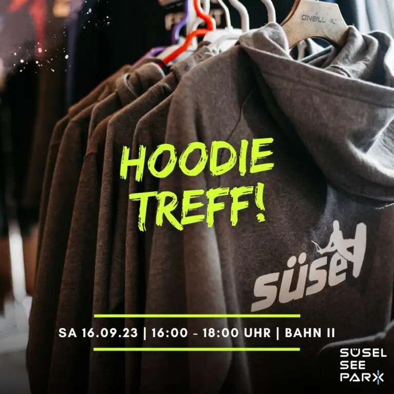 Werbebanner zum Hoodie Treff am Samstag 16.September 2023 16-18 Uhr auf Bahn 2 in Süsel Seeparx