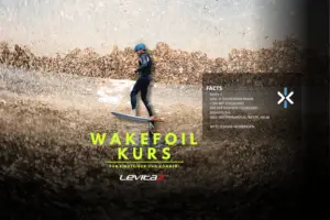 Werbebanner für Wakefoil Kurse sowohl Einsteiger als auch Könner für Gruppen mit maximal 6 Teilnehmer:innen inklusive Einweisung, Neoprenanzug, Weste und Helm