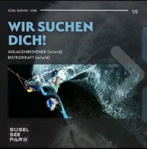 Werbebanner zur Mitarbeitersuche als Anlagenbediener oder Bistrokraft für die Wakeboard Anlage und das Bistro in Süsel Seeparx