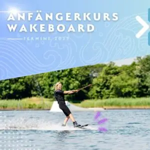 Werbebanner für Anfängerkurse Wakeboard, das mit Terminen 2023 verlinkt ist